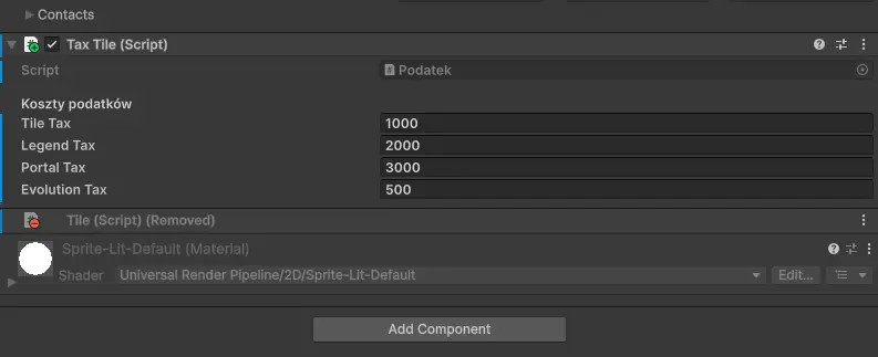 Unity Inspector — board object properties